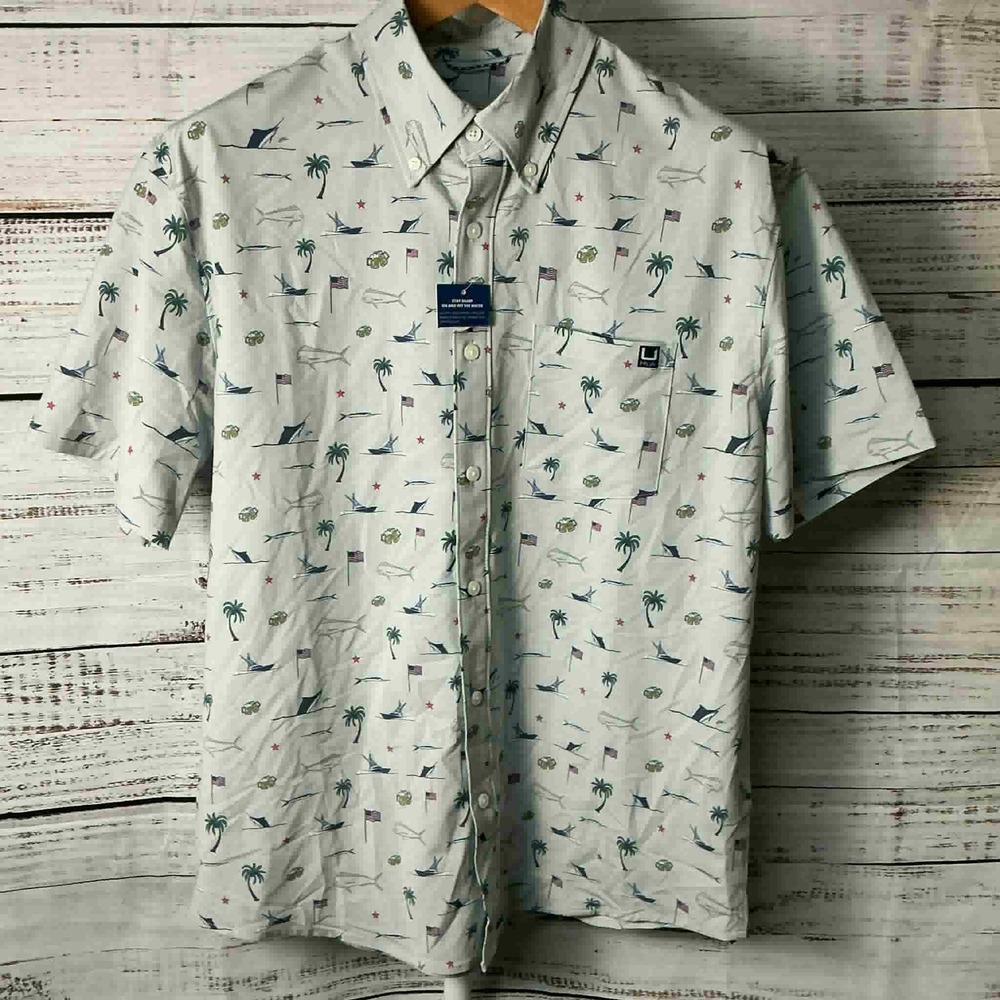 Huk Fishing Mens‎ M Short Sleeve Button Up Shirt Ocean Scene Print